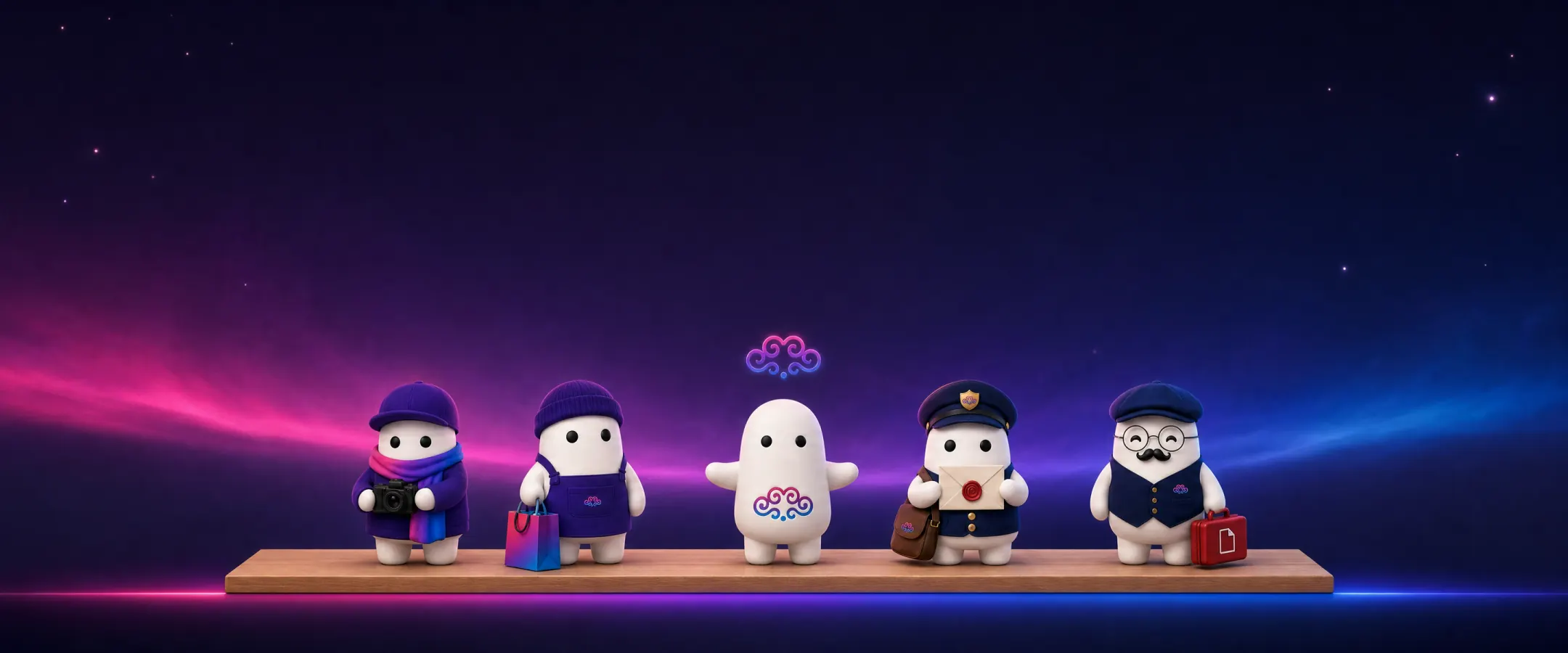 El equipo de empleados de IA de Nirvai posando bajo un cielo de aurora con los colores de la marca.